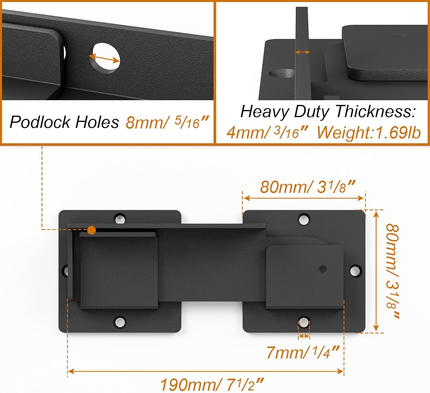 7.5" Flip Gate Latch Lock with Padlock Hole 1Pack, 4mm Heavy Duty Carbon Steel Adjustable Latch for Sliding Doors, Outdoor Gates, Wooden Fences, Barn Door, Shed, Vinyl Fence, Garage, Yard