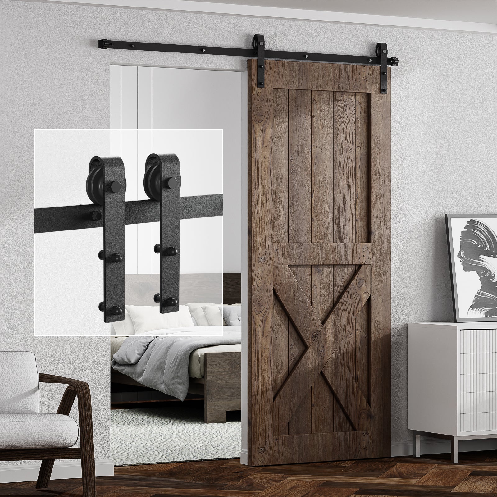 7FT Sliding Barn Door Hardware Kit for Single Door, Sliding Door Track, Easy to Install, Smoothly and Quietly, Fit 1.18-1.96" Thicknesses Fit 42" Wide Door (J Shape Hanger)