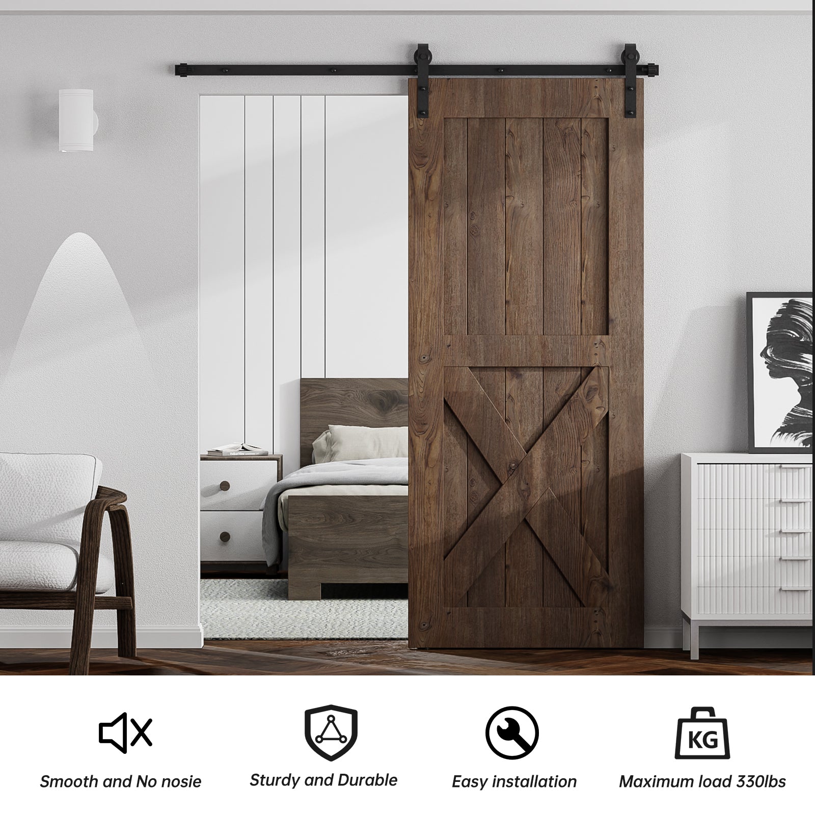 7FT Sliding Barn Door Hardware Kit for Single Door, Sliding Door Track, Easy to Install, Smoothly and Quietly, Fit 1.18-1.96" Thicknesses Fit 42" Wide Door (J Shape Hanger)