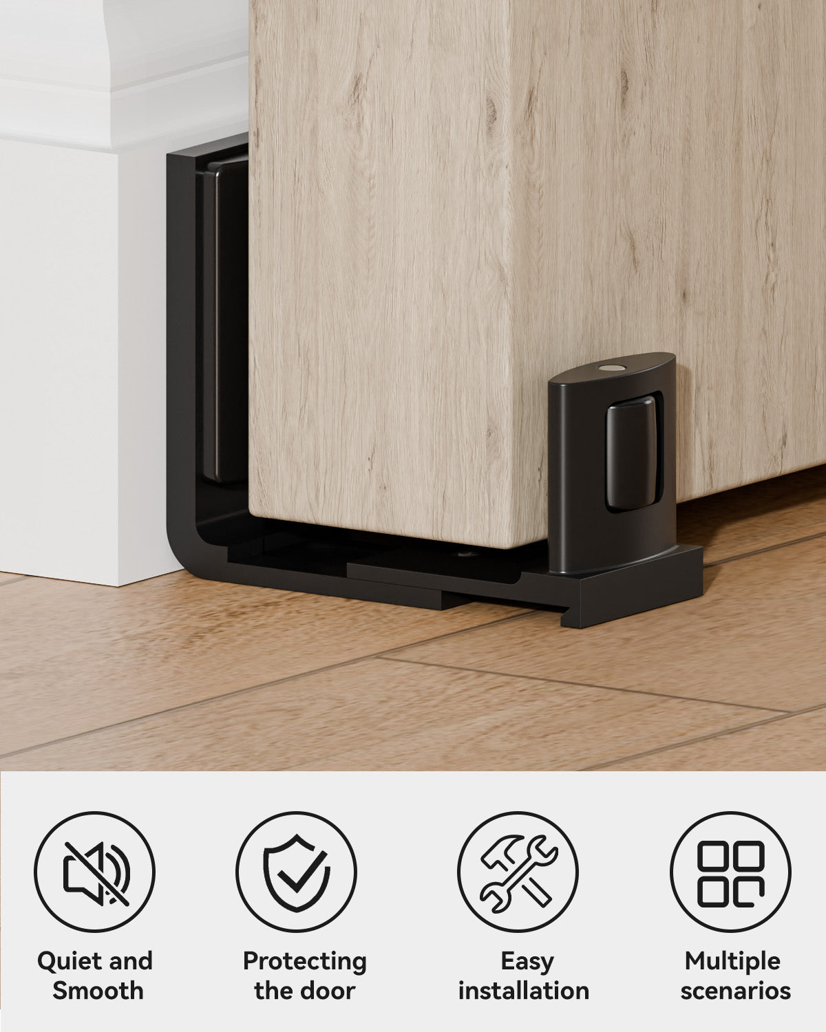 Sliding Barn Door Bottom Floor Guide, Adjustable U Shape Flexible Flush Design, Aluminum Alloy with Smooth Nylon Rollers, Wall Mounted