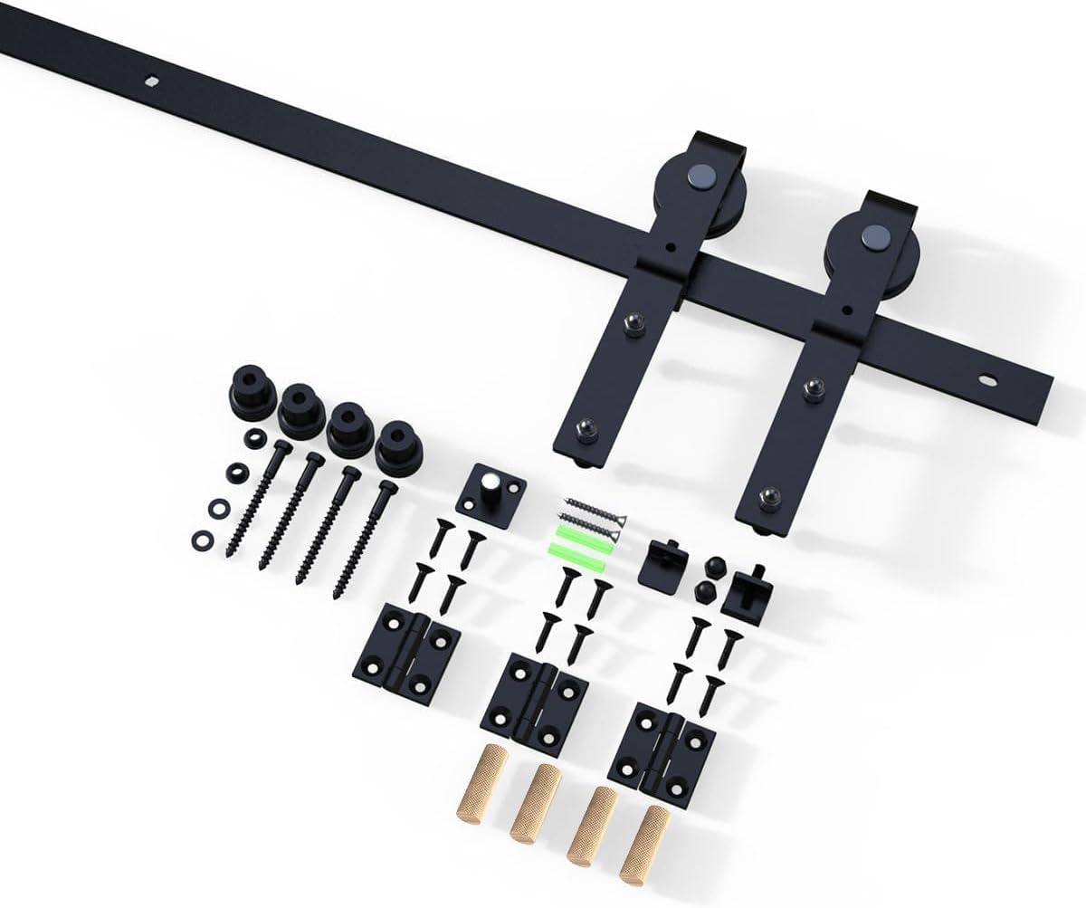 72"/6FT Bi-Folding Sliding Barn Door Hardware Kit for 4 Doors, Bi Fold Barn Door Hardware Fit Door Opening Width 68",Smoothly and Quietly,Easy to Install,No Door Panel (J Shape Hanger)