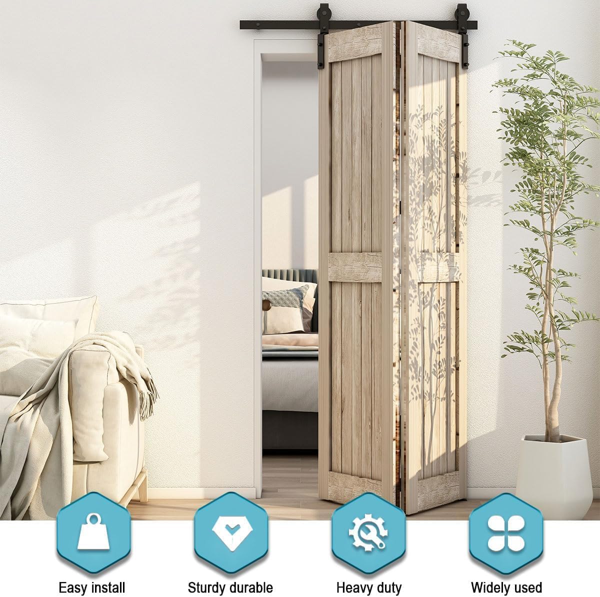 40"/3.3FT Bi-Folding Sliding Barn Door Hardware Kit for 2 Doors, Bi Fold Barn Door Hardware Fit Door Opening Width 34",Smoothly and Quietly,Easy to Install,No Door Panel (J Shape Hanger)