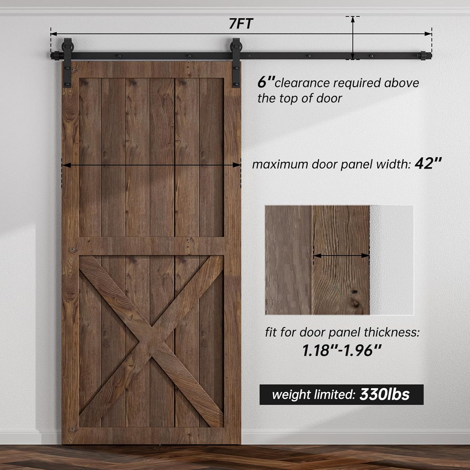 7FT Sliding Barn Door Hardware Kit for Single Door, Sliding Door Track, Easy to Install, Smoothly and Quietly, Fit 1.18-1.96" Thicknesses Fit 42" Wide Door (J Shape Hanger)