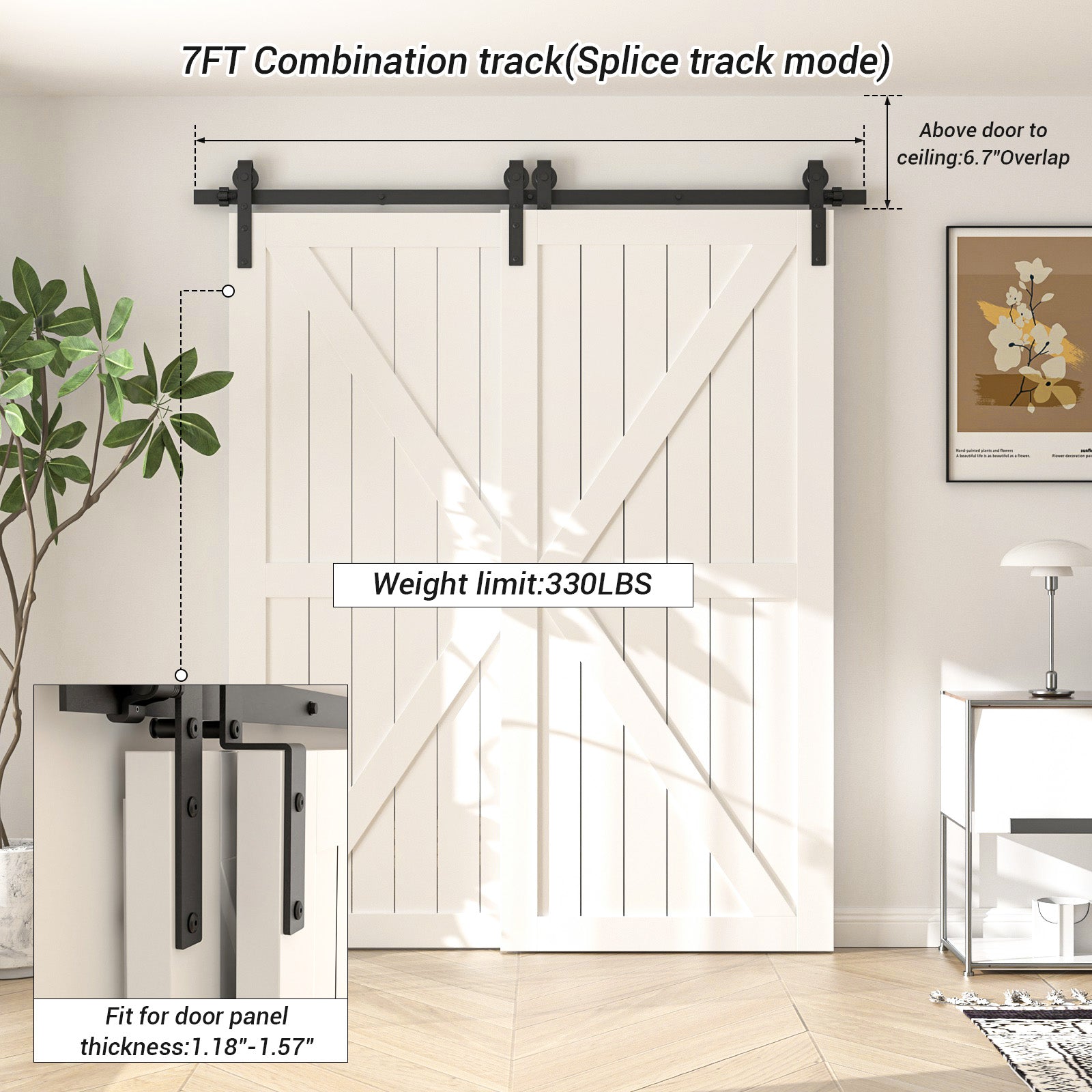 7FT Bypass Sliding Barn Door Hardware Kit, Combination Track Mode Sliding Door Hardware, Single Track Bypass Barn Door Hardware for Double Wooden Doors,(no Door) (7 Feet)