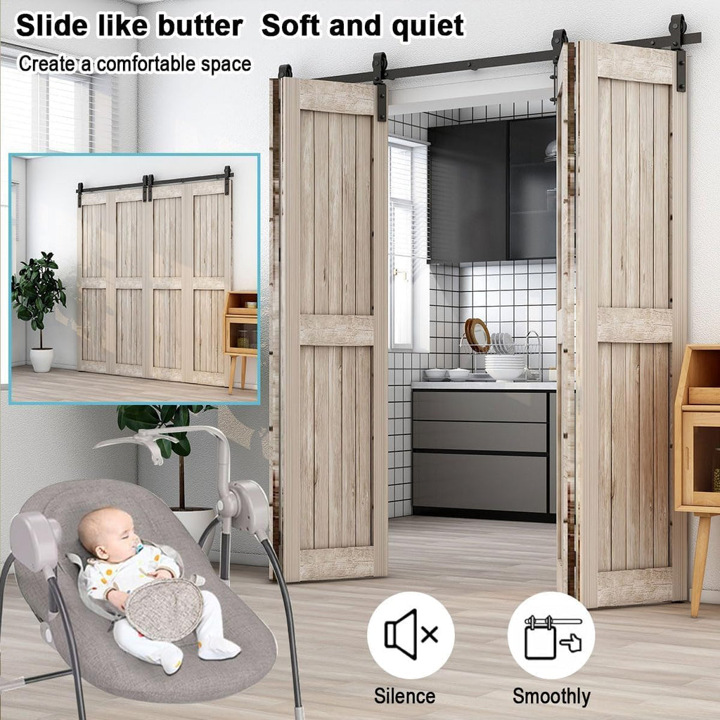 96"/8FT Bi-Folding Sliding Barn Door Hardware Kit for 4 Doors, Bi Fold Barn Door Hardware Fit Door Opening Width 92",Smoothly and Quietly,Easy to Install,No Door Panel (J Shape Hanger)