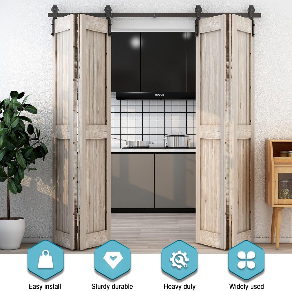 96"/8FT Bi-Folding Sliding Barn Door Hardware Kit for 4 Doors, Bi Fold Barn Door Hardware Fit Door Opening Width 92",Smoothly and Quietly,Easy to Install,No Door Panel (J Shape Hanger)