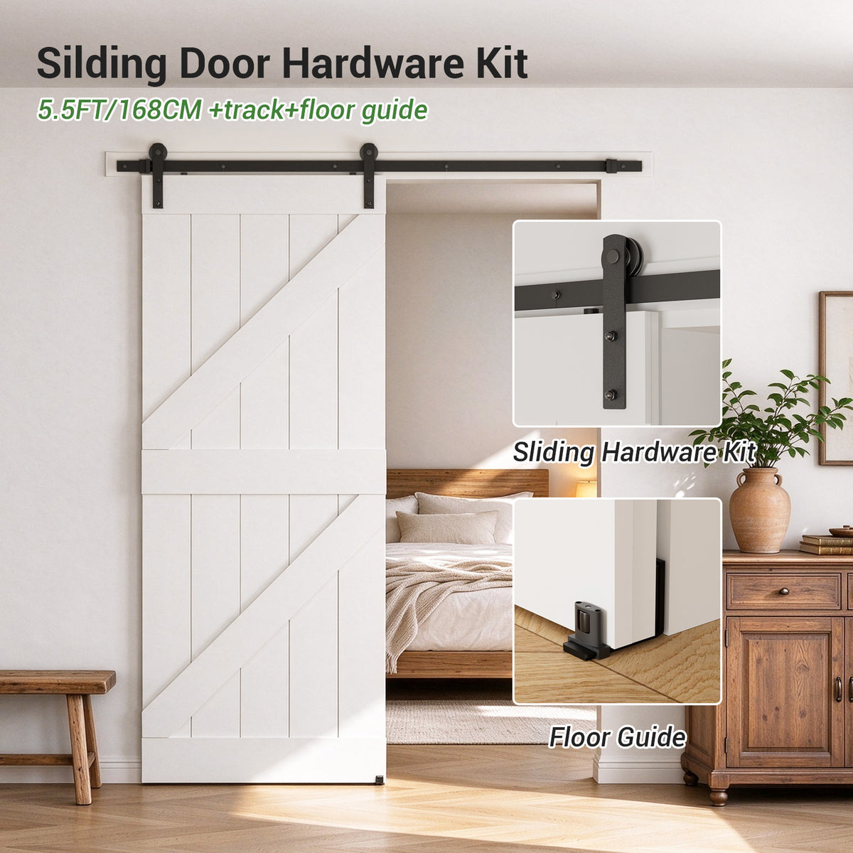 5FT Sliding Barn Door Hardware Kit with Adjustable Floor Guide
