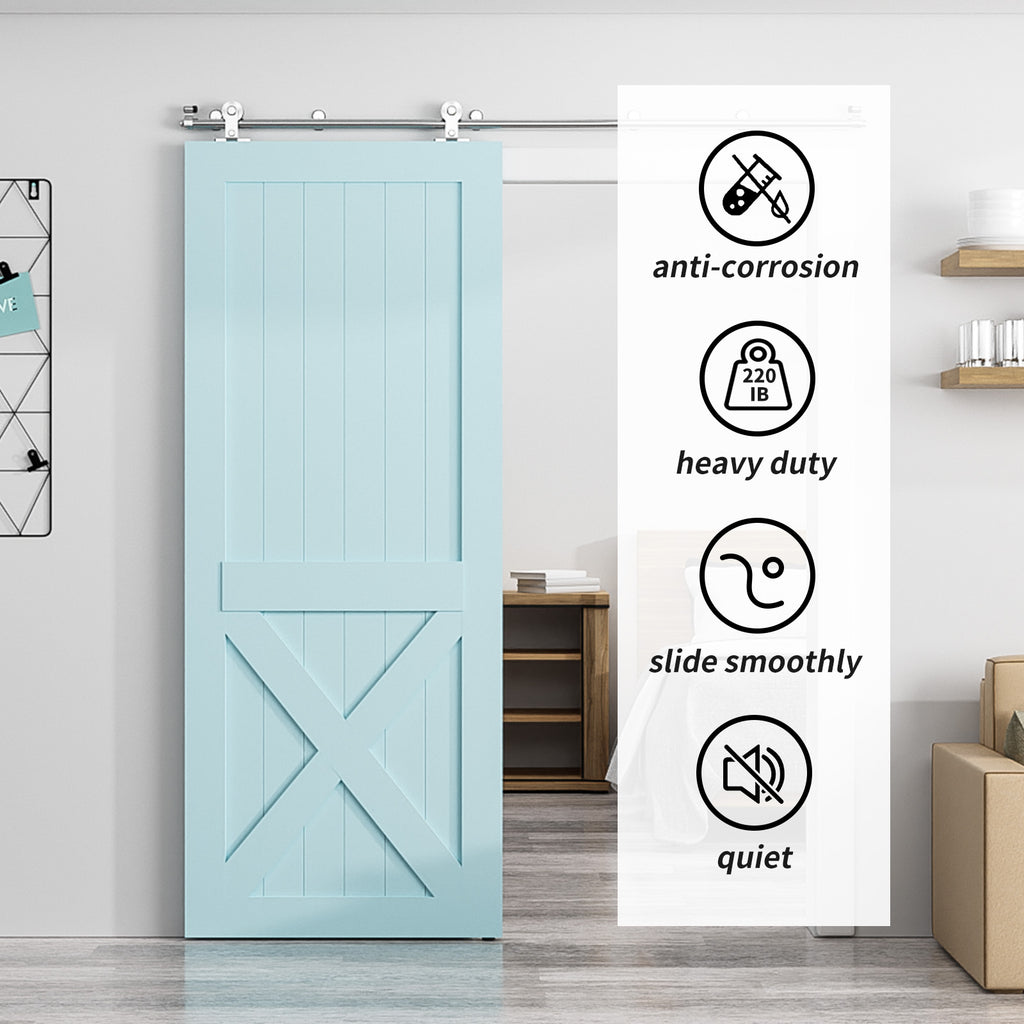 8FT Top Mount Sliding Barn Door Hardware Kit, Stainless Steel Barn Door Hardware Track and Kit, Heavy Duty Sturdy Barn Door Hardware Kit for Single Door（T Shaped）