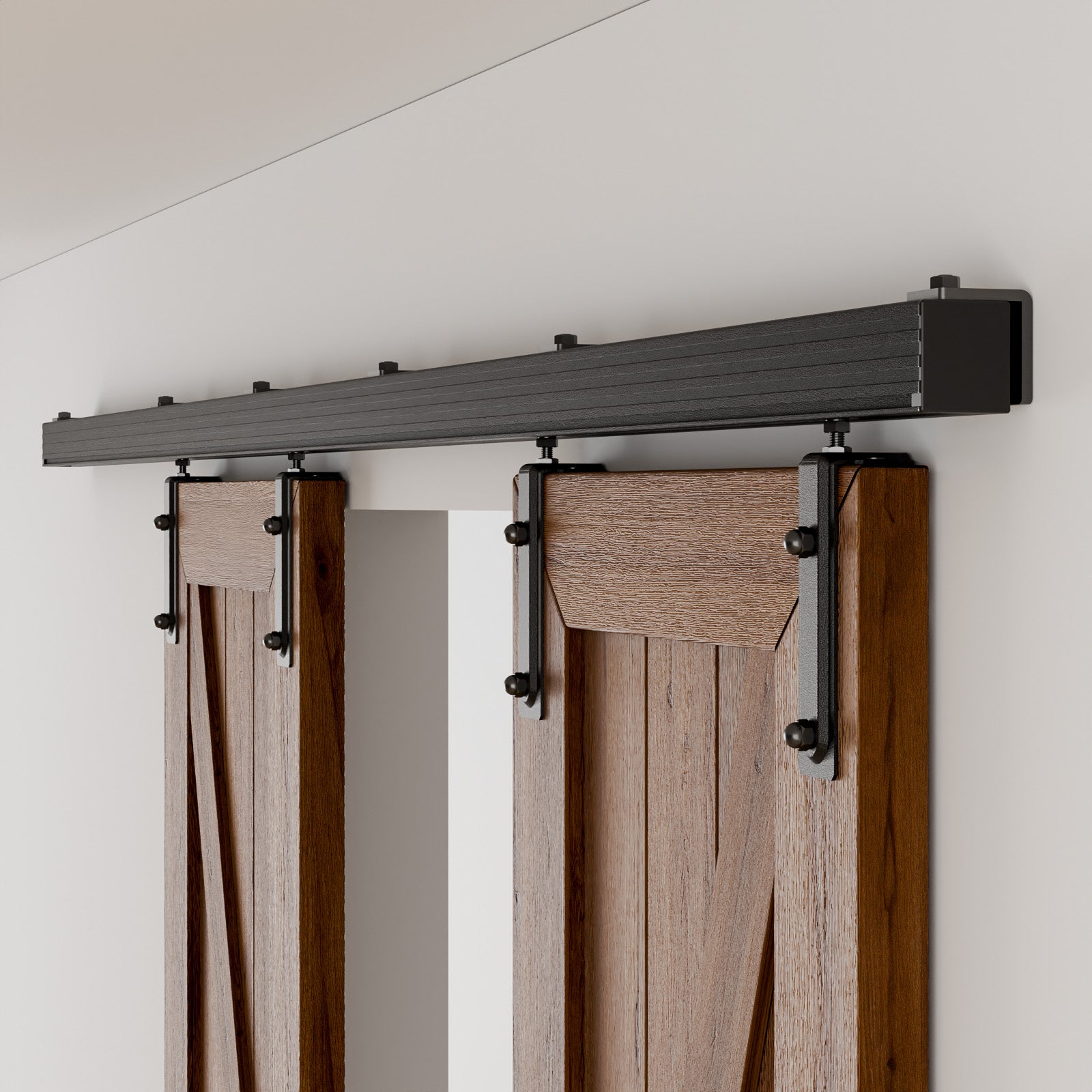 Double Barn Door Hardware Kit Box Rail, Exterior Barn Door Hardware Kit Wall Mount, Heavy Duty Aluminium Alloy Track (No Panel)