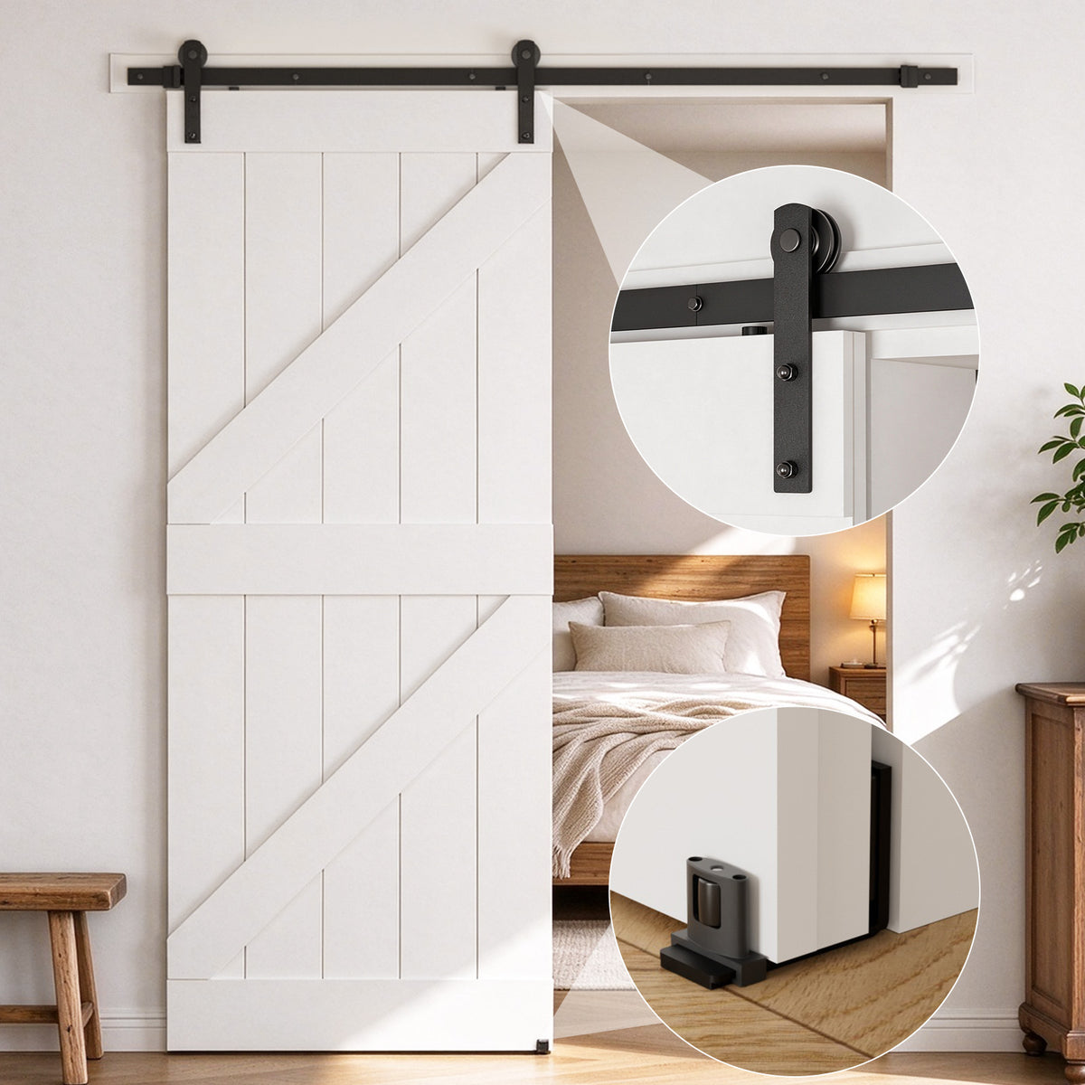 6.6FT/200CM Sliding Barn Door Hardware Kit with Adjustable Floor Guide Heavy and Sturdy Track Suitable For Single Door With Width of 100CM，Smoothly and Quietly,Easy to Install(Door not Included)