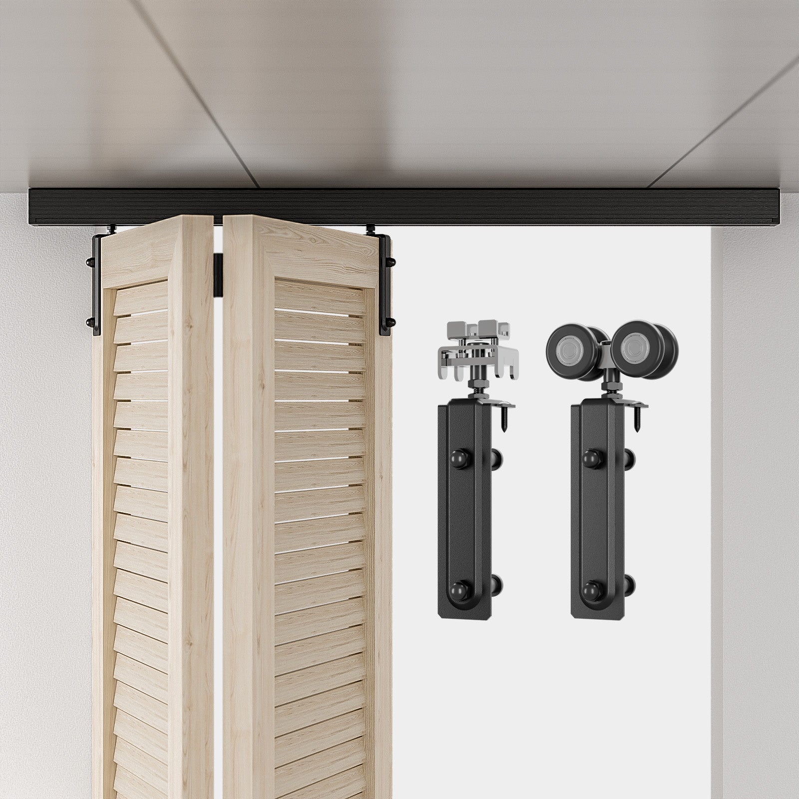 Ceiling Mount Box Rail Hardware Bifold Sliding Barn Door Hardware Heavy Duty Sliding Barn Door Track, Aluminium Alloy Kit for 2 Doors (No Door)