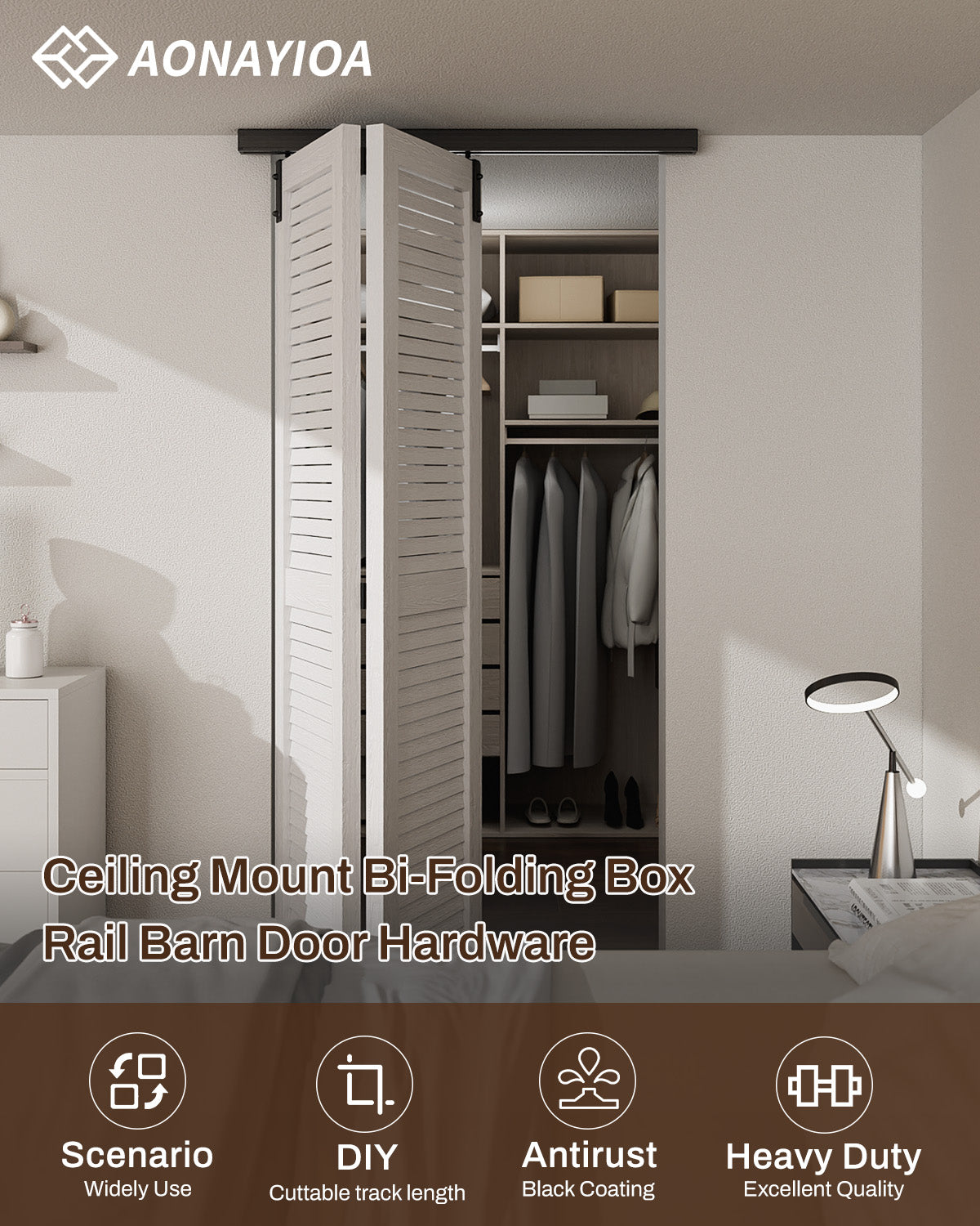 Box Rail Hardware Bifold Sliding Barn Door Hardware Track, Ceiling Mount Aluminium Alloy Kit for 2 Bifold Doors (Door Not Included)