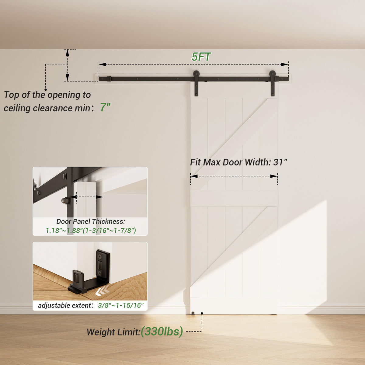 6.6FT/200CM Sliding Barn Door Hardware Kit with Adjustable Floor Guide Heavy and Sturdy Track Suitable For Single Door With Width of 100CM，Smoothly and Quietly,Easy to Install(Door not Included)
