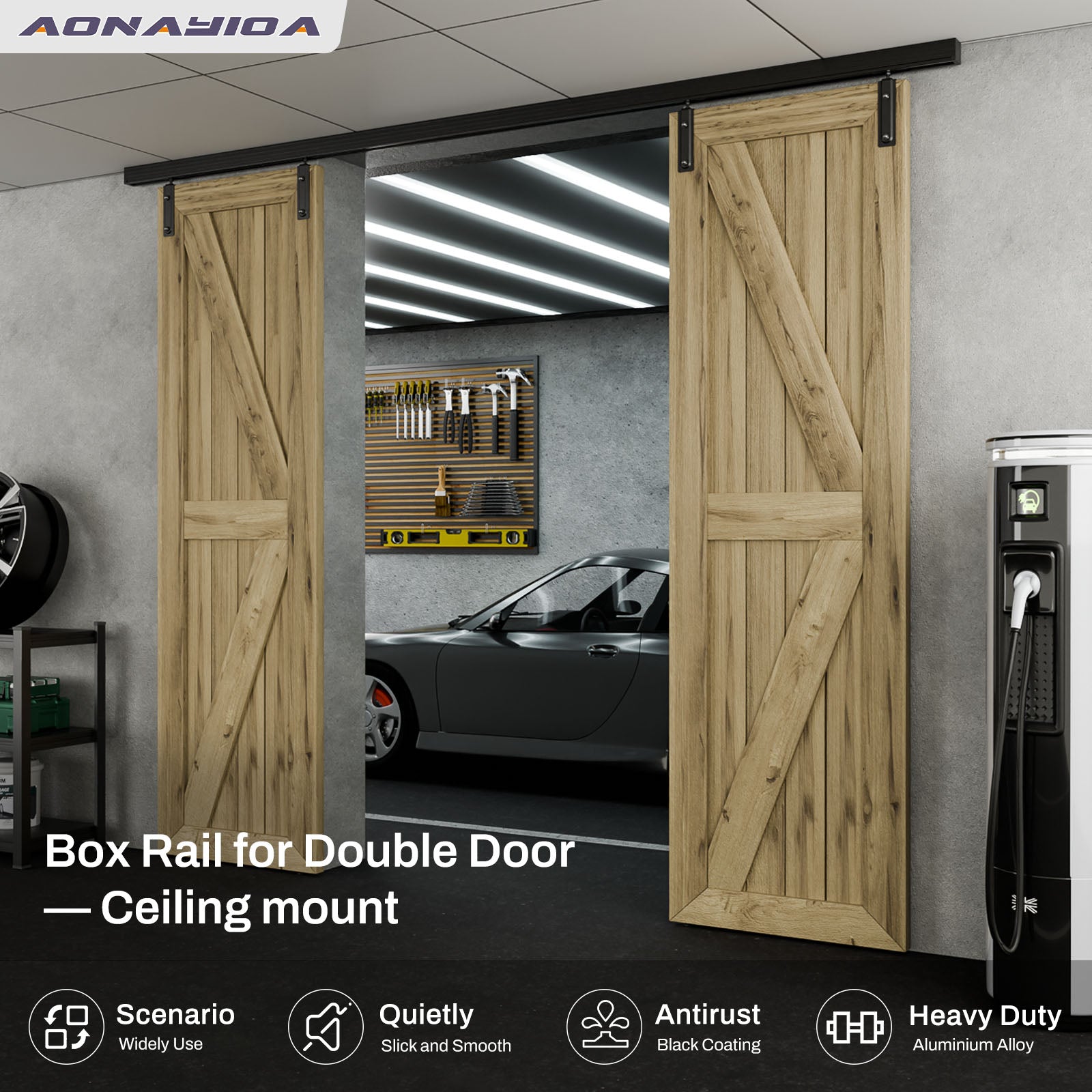 Ceiling Mount Box Rail Barn Door Hardware Heavy Duty Sliding Track, Aluminium Alloy Kit for Double Door (No Panel)