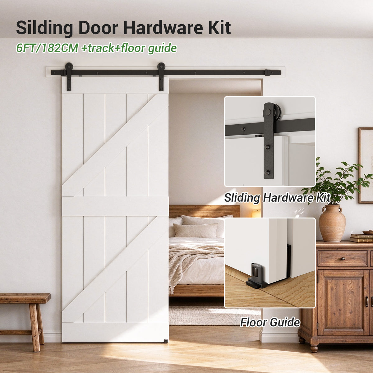 6.6FT/200CM Sliding Barn Door Hardware Kit with Adjustable Floor Guide Heavy and Sturdy Track Suitable For Single Door With Width of 100CM，Smoothly and Quietly,Easy to Install(Door not Included)
