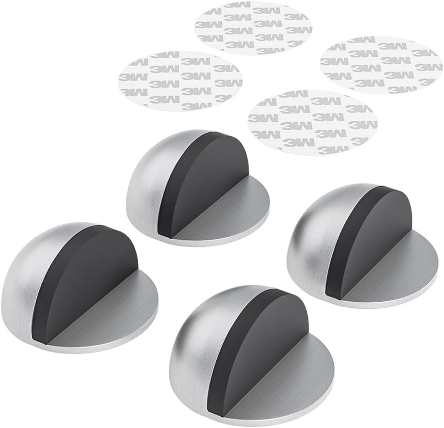 4 Pack Door Stoppers, 3M Adhesive Door Stopper, Stainless Steel Half Dome Floor Door Stop, Brushed Nickel Door Stops, No Drill Door Stopper for Office, Bedroom,Bath Shower Room (Non-magnetic)