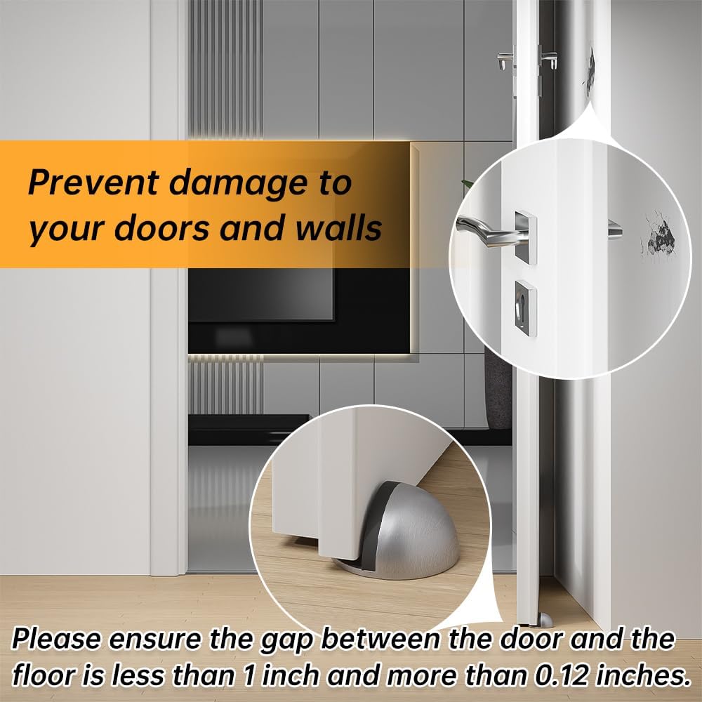 4 Pack Door Stoppers, 3M Adhesive Door Stopper, Stainless Steel Half Dome Floor Door Stop, Brushed Nickel Door Stops, No Drill Door Stopper for Office, Bedroom,Bath Shower Room (Non-magnetic)