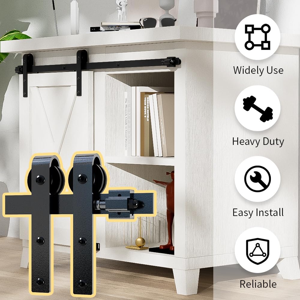 2.5FT Super Mini Barn Door Hardware Kit, Sliding Single Door Track Roller Kit for Cabinets Wardrobe TV Stand, J Shape(No Cabinet)