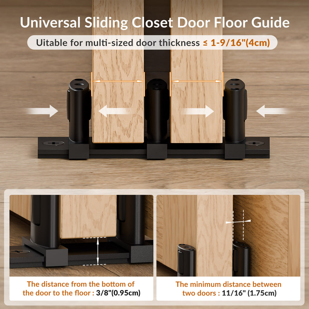 Siding Closet Door Floor Guide,Update Adjustable 3-Roller Design for Bypass Door Floor Guide,Sliding Door Bottom Guide,Easy Install, Black