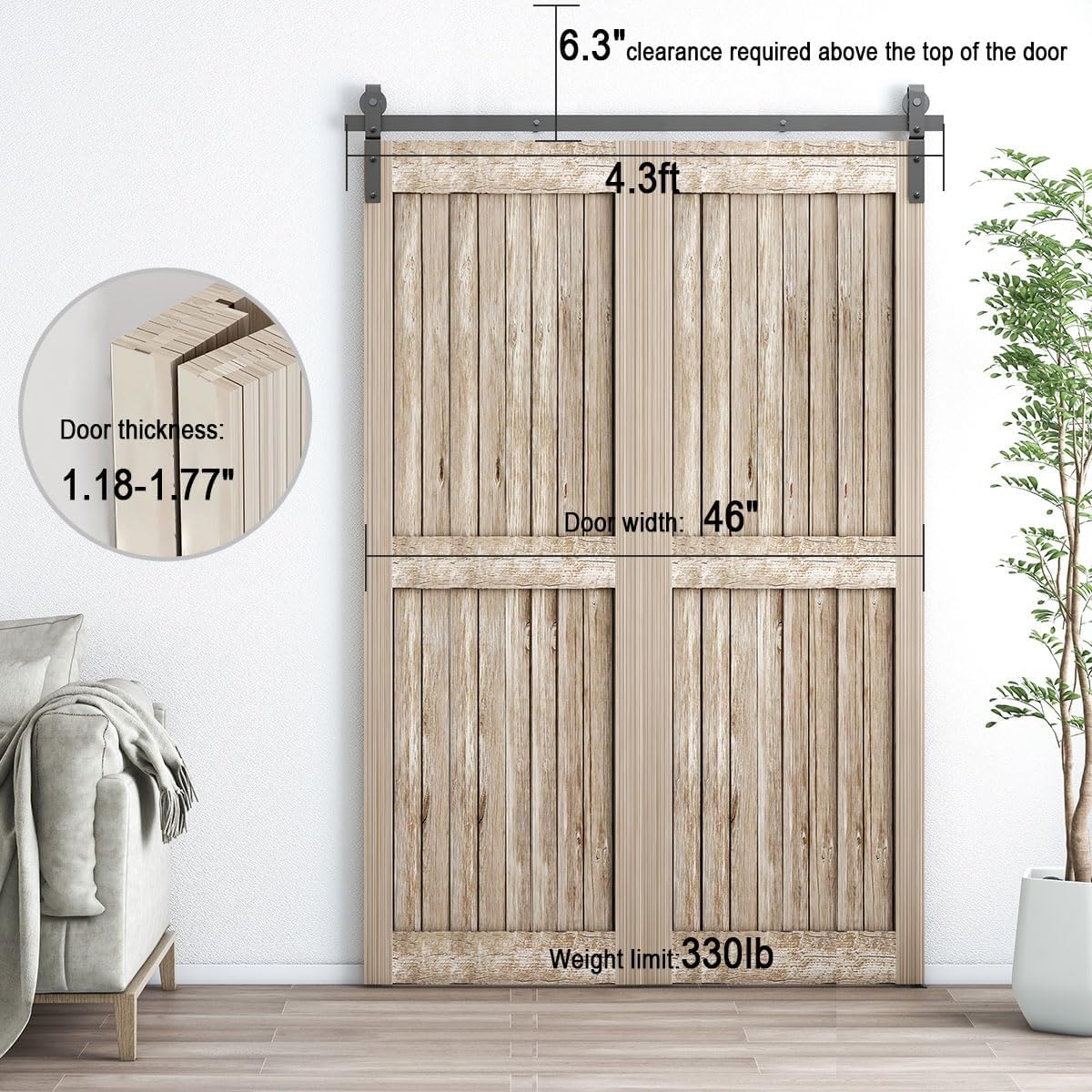 52"/4.3FT Bi-Folding Sliding Barn Door Hardware Kit for 2 Doors, Bi Fold Barn Door Hardware Fit Door Opening Width 46",Smoothly and Quietly,Easy to Install,No Door Panel (J Shape Hanger)