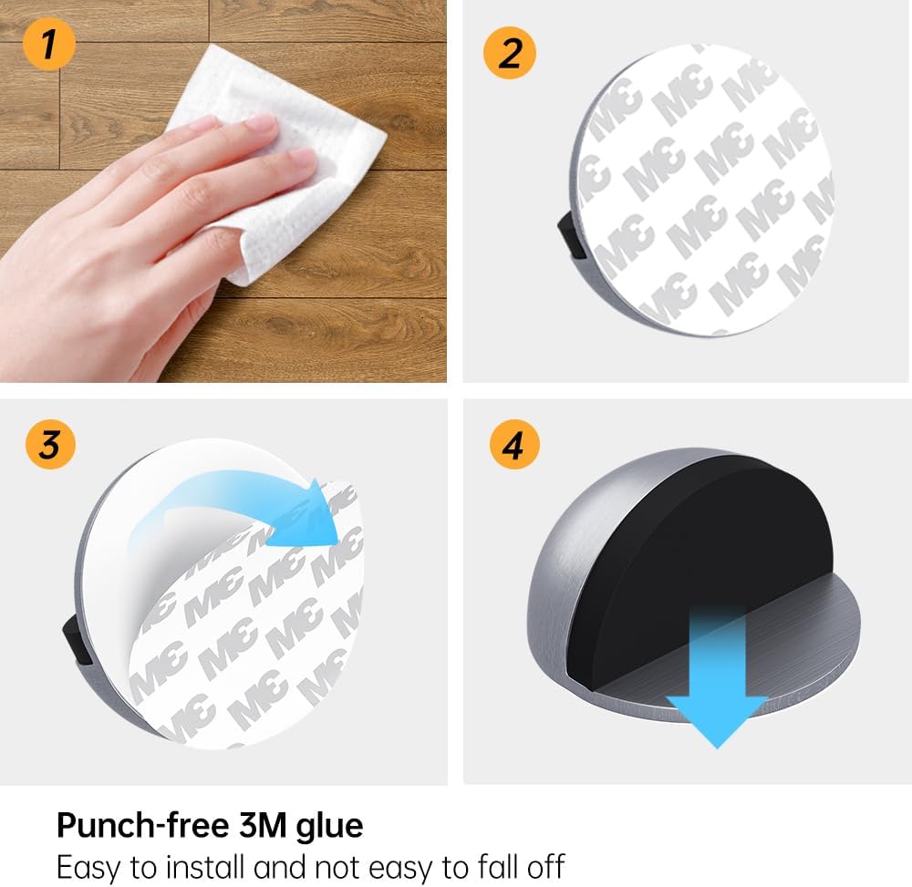 4 Pack Door Stoppers, 3M Adhesive Door Stopper, Stainless Steel Half Dome Floor Door Stop, Brushed Nickel Door Stops, No Drill Door Stopper for Office, Bedroom,Bath Shower Room (Non-magnetic)