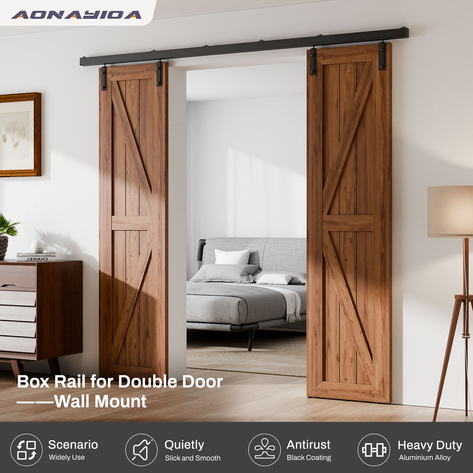 Double Barn Door Hardware Kit Box Rail, Exterior Barn Door Hardware Kit Wall Mount, Heavy Duty Aluminium Alloy Track (No Panel)