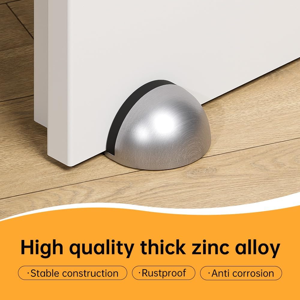4 Pack Door Stoppers, 3M Adhesive Door Stopper, Stainless Steel Half Dome Floor Door Stop, Brushed Nickel Door Stops, No Drill Door Stopper for Office, Bedroom,Bath Shower Room (Non-magnetic)