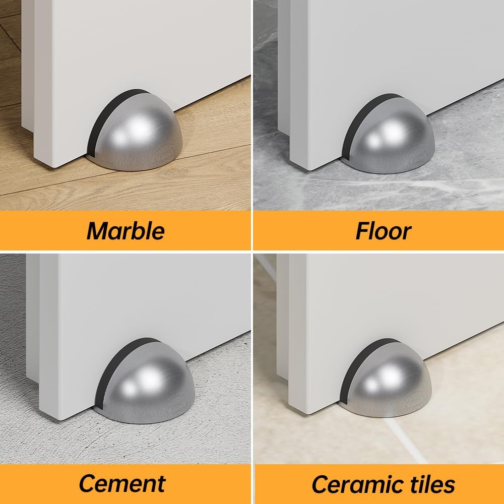 4 Pack Door Stoppers, 3M Adhesive Door Stopper, Stainless Steel Half Dome Floor Door Stop, Brushed Nickel Door Stops, No Drill Door Stopper for Office, Bedroom,Bath Shower Room (Non-magnetic)