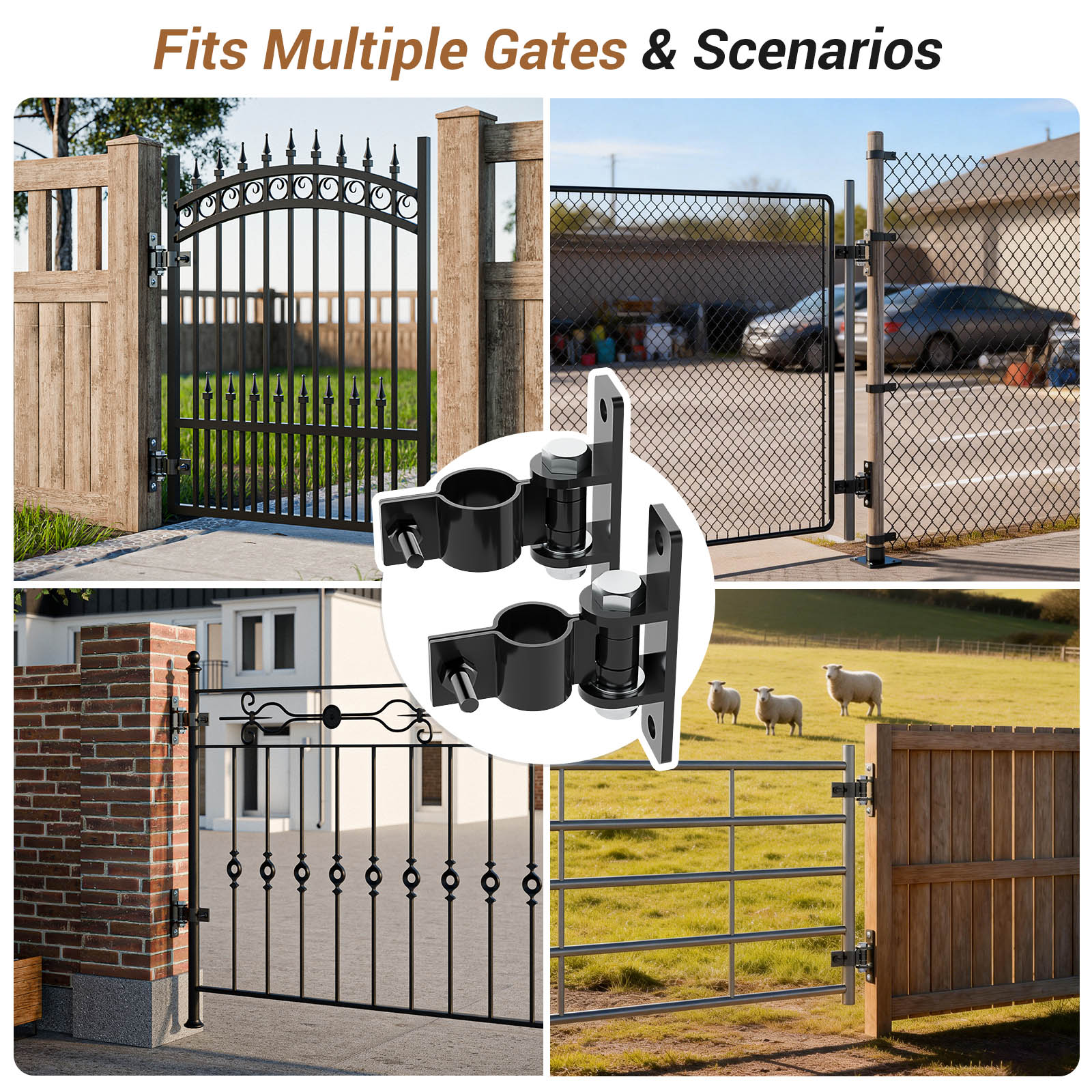 Farm Gate Hinges Heavy Duty, Fits 1-3/8'' Outer Diameter Pipes/Posts, Wall Mount Fence Hinges for Outdoor Gates, Carbon Steel Electroplating Surface Finishing (2 Pack)
